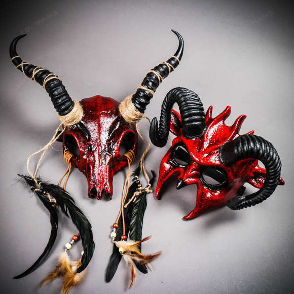 Antelope Skull Impala Horns and Devil Ram Horns Bloody Red Masquerade Mask